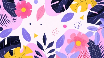 Flat illustrated floral design with vibrant colors, unique shapes, stylized leaves and flowers, modern and artistic, bold and eye-catching