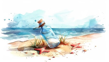 A watercolor painting depicting a message in a bottle on a sandy beach with starfish and a serene ocean backdrop.