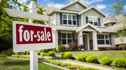 House for sale. A stunning real estate photograph of a suburban home with a "for-sale" sign in the yard, indicating that the property has already been sold