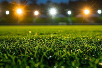 Sports stadium with glowing floodlights and empty green field, professional sports background