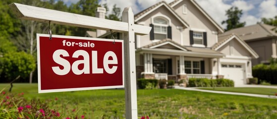 House for sale. A stunning real estate photograph of a suburban home with a "for-sale" sign in the yard, indicating that the property has already been sold