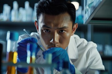 31. Portrait of an Asian lab technician conducting tests on cosmetic samples, high detail, photorealistic, serious expression, well-lit lab