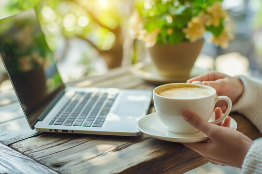 Freelancer woman working on digital laptop with coffee