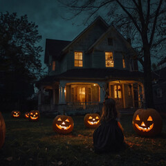 Lots of Halloween pumpkins in a dark courtyard