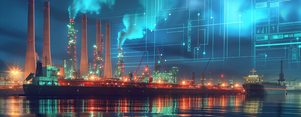 A futuristic digital oil plant with holographic data visualization, showcasing the integration of AI and big data in industrial analysis and control systems