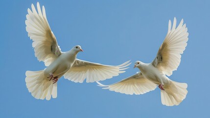 Fototapeta premium A pair of white doves soaring through a clear blue sky, Freedom, Realistic, Bright Tones, Symbolizing peace and harmony in nature