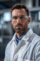 Obraz premium 9. Portrait of a Western quality control specialist inspecting finished products, high quality photo, photorealistic, serious expression, studio lighting