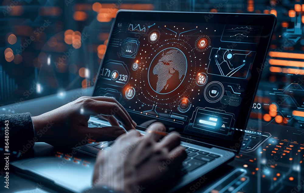 Poster businessman using laptop with ai technology and digital data, futuristic virtual assistant and smart