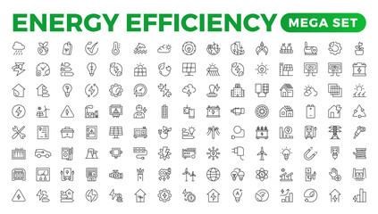 "Energy efficiency icon set. Calculator, energy-saving light bulb, piggy bank, solar panel, circular economy, battery, home insulation, energy class vector illustration.