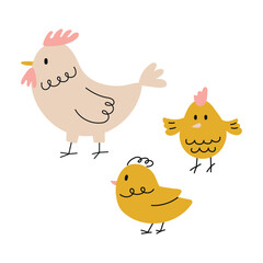Hand drawn cute chicken family, hen and chicks