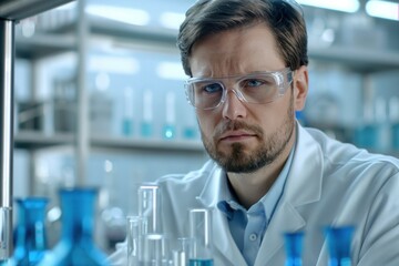 28. Portrait of a Western quality control inspector testing cosmetic formulas, high quality photo, photorealistic, serious expression, bright lab setting