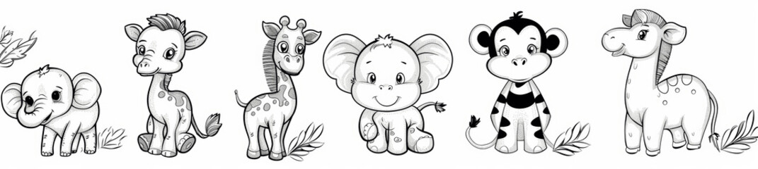 Fototapeta premium Cute Cartoon Jungle Animals Coloring Page - Elephant, Zebra, Giraffe, Monkey, Gazelle for Kids Simple Thick Lines Vector Illustration