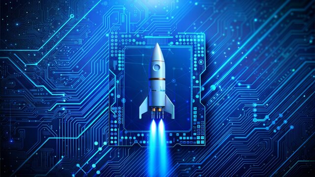 Digital abstract rocket and AI chip. Abstract technology light blue background. Artificial Intelligence growth up concept. Spaceship launch. Tech bg. Processor or semiconductor 3D vector illustration