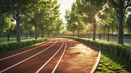Fototapeta premium Surrounded by lush green trees, an athlete track or running track winds through a vibrant playground.
