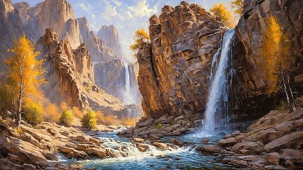 Fototapeta premium Oil painting of waterfall cascades down rugged cliffs surrounded by vibrant autumn trees and a flowing stream, capturing nature's raw beauty.