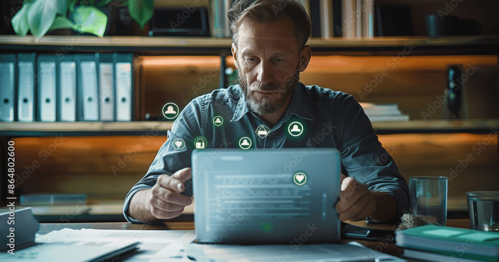 Aufkleber businessman using laptop for online survey and checklist evaluation, checking performance and satisf