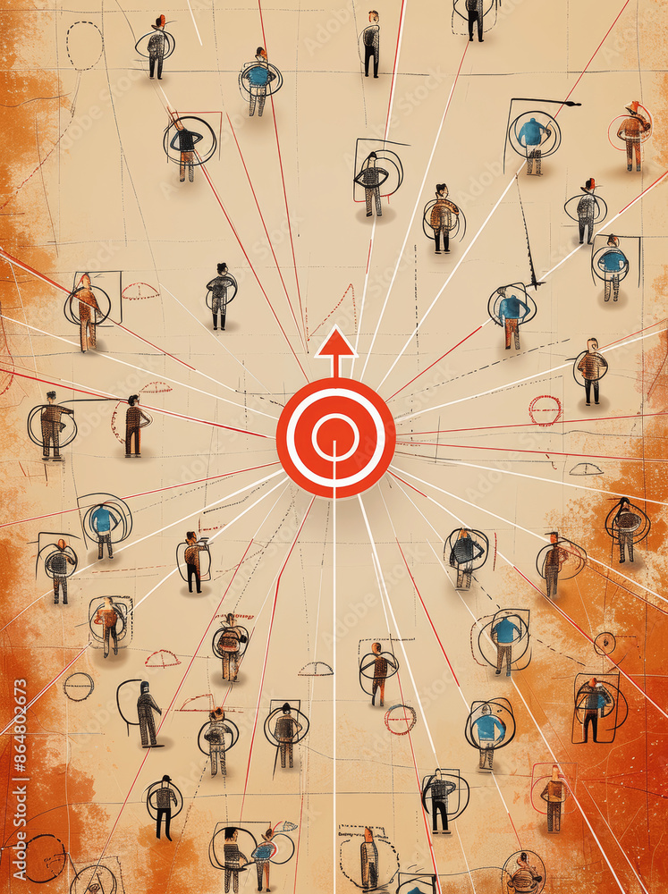 Poster customer focused social network with red dartboard and black arrow in peach background for teamwork 