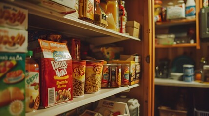 Naklejka premium Blank Label Cereal Box: A cereal box with no label in a kitchen pantry. 