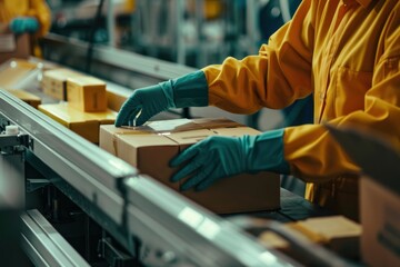 Fototapeta premium 58. Close-up of a factory worker's hands packaging cosmetic products, high quality photo, photorealistic, cheerful action, well-lit