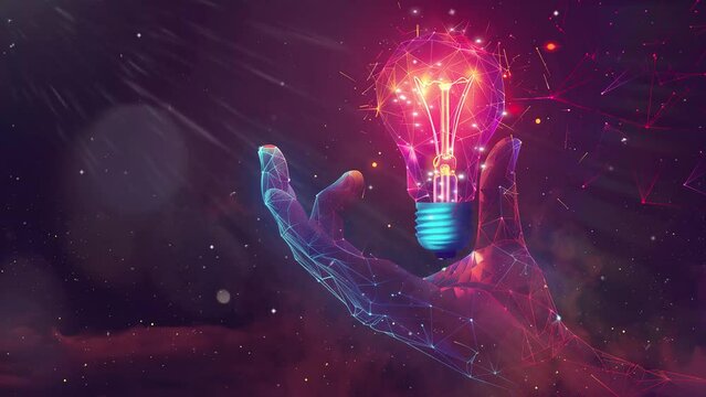 futuristic idea creativity concept glowing low poly light bulb seamless looping overlay 4k virtual video animation background