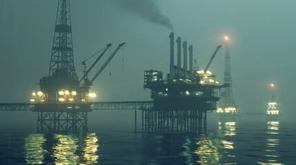 Obraz premium Amidst the vast expanse of the North Sea, towering oil and gas platforms stand as industrial sentinels.
