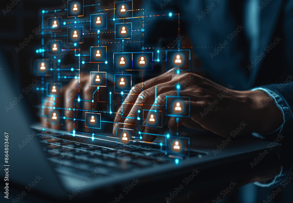 Poster businessman using laptop with organization chart for team management human development workflow auto
