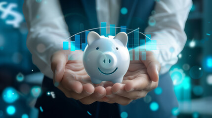 Piggy bank in the hands of a businessman and information graphics.