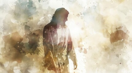 Biblical Illustration of Jesus with Light Shining, Watercolor Style, Faith and Illumination, Beige Background, copyspace
