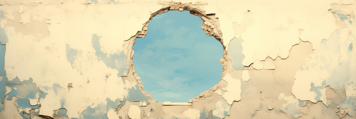 Hole in Weathered Wall with Blue Sky View 