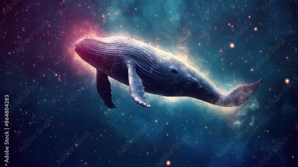Poster surreal art design of a whale floating in space with a cosmic background and starry sky. digital art