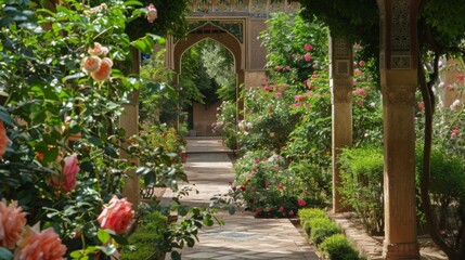 Stone columns and roses line a path through a vibrant Moroccan garden. Sunlight filters through the leaves, highlighting intricate details of the architecture.