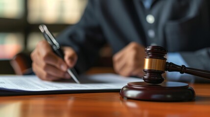 A professional lawyer was instructing his client to sign an official document. He was sitting at a desk, pen and paper in hand, mallet in hand. On a wooden desk was a vague office