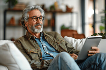 Happy middle aged man on couch using digital tablet at home smiling and looking away. Mature male relaxing with tech device in living room. Casual comfort leisure lifestyle. Copy space. See Less