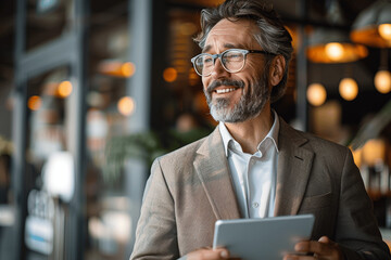 Fototapeta premium Happy mature business executive using tablet in modern office near coffee shop, smiling professional manager with glasses in suit holding digital tablet, positive middle-aged corporate leader
