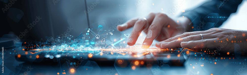 Poster businessman using tablet with futuristic interface analyzing sales data growth in modern office with