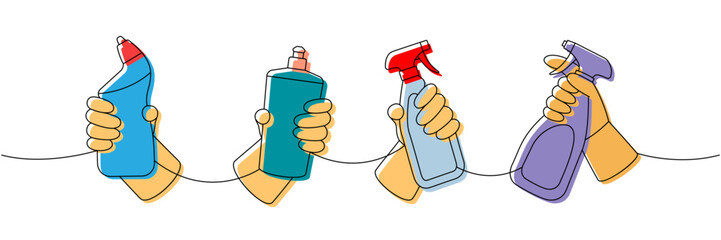 Hands with toilet cleaners one line colored continuous drawing. Cleaning service tools continuous one line illustration. Vector linear illustration.