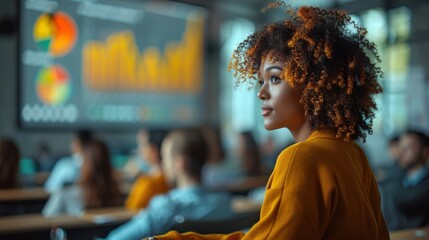Business growth presentation with punk costume customer in clean office
