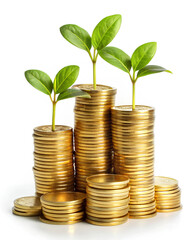 Coins and plants seedlings growing on gold coins money growing, isolate on white background
