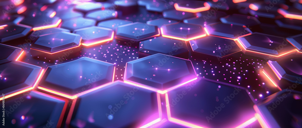 Poster 3d render of futuristic abstract background with glowing hexagonal shapes in blue and purple colors