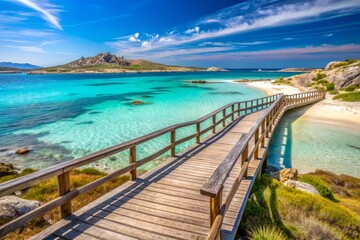 Obraz premium Serene Pelosa Beach in Stintino, Sardinia, Italy, boasts crystal-clear turquoise waters, powdery white sand, and a picturesque wooden bridge amidst a tranquil Mediterranean landscape.