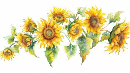 Naklejka premium A cluster of sunflowers swaying in the breeze, hand-drawn in watercolor style. The delicate brush strokes and vibrant colors make it a perfect wall sticker for a lively ambiance
