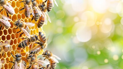 Obraz premium A vibrant scene of bees swarming a honeycomb on a tree, intricate details of the hive structure and bee activity highlighted by natural lighting