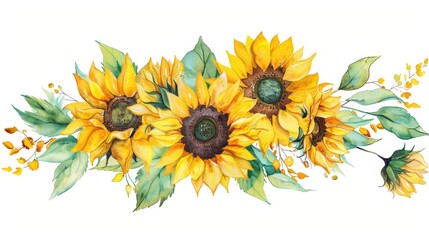 An elegant bouquet of sunflowers, meticulously hand-drawn in watercolor style, ideal for a wall sticker. The intricate details and vibrant colors bring life to any space