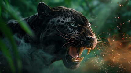 An enraged black jaguar roars amidst the jungle, encircled by mystical glowing smoke, highlighting its powerful presence