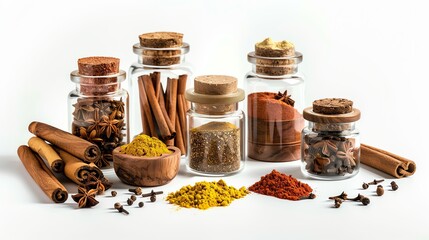 Spices and Herbs in Glass Jars. Cinnamon, Turmeric, Star Anise and More for Flavorful Cooking