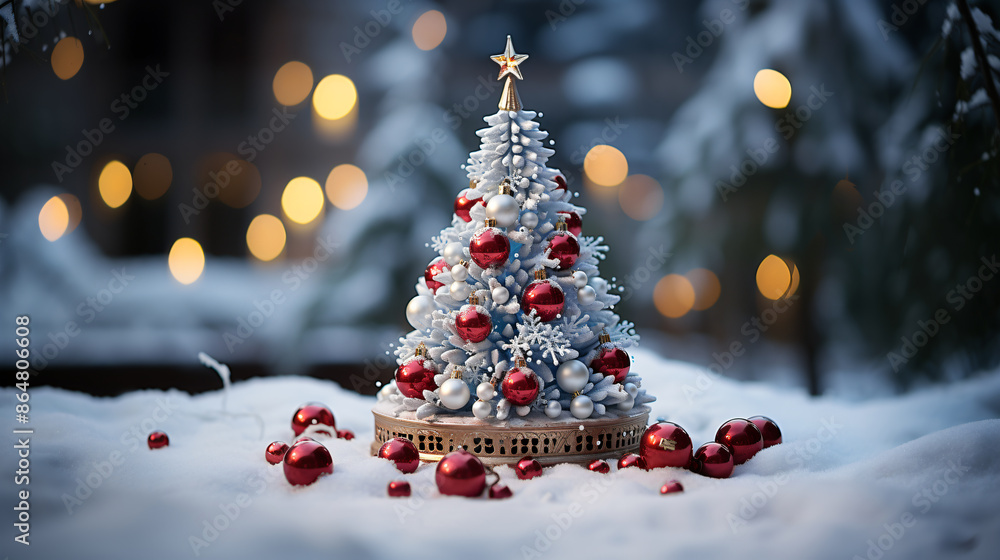 Wall mural christmas card background with christmas tree in front off a blokeh background