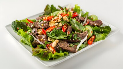 Mouthwatering Thai Beef Salad Yum Nua on White Background with Fresh Ingredients