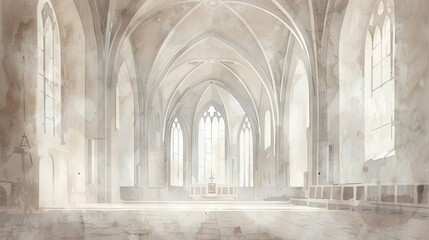 Biblical Illustration of a Church Interior with High Vaulted Ceilings on a Beige Background with Copyspace