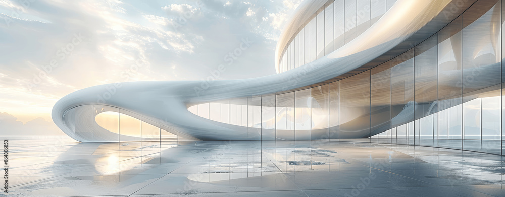 Poster minimalist curved white architecture with concrete floor and glass windows for modern futuristic pro