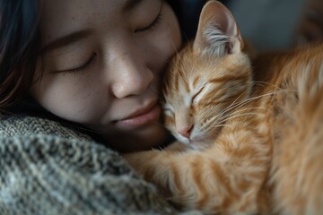 A photo of an Asian woman cuddling with her cat, taken with a Nikon dslr camera using soft lighting to create gentle shadows and highlights on their faces. The scene is captured in high resolution for